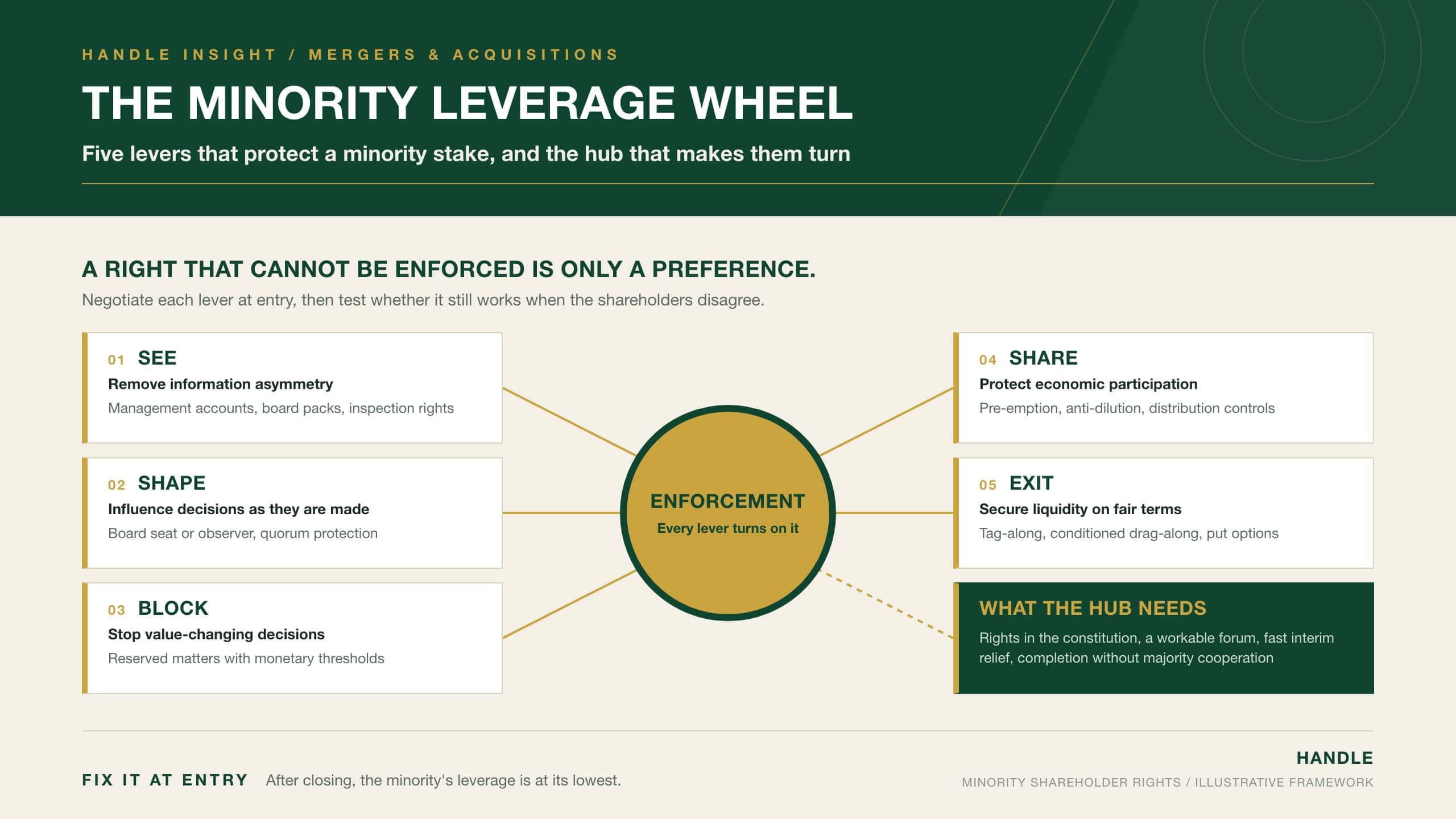 The Minority Leverage Wheel: five minority shareholder levers (see, shape, block, share, exit) arranged around enforcement as the hub that makes each right operate